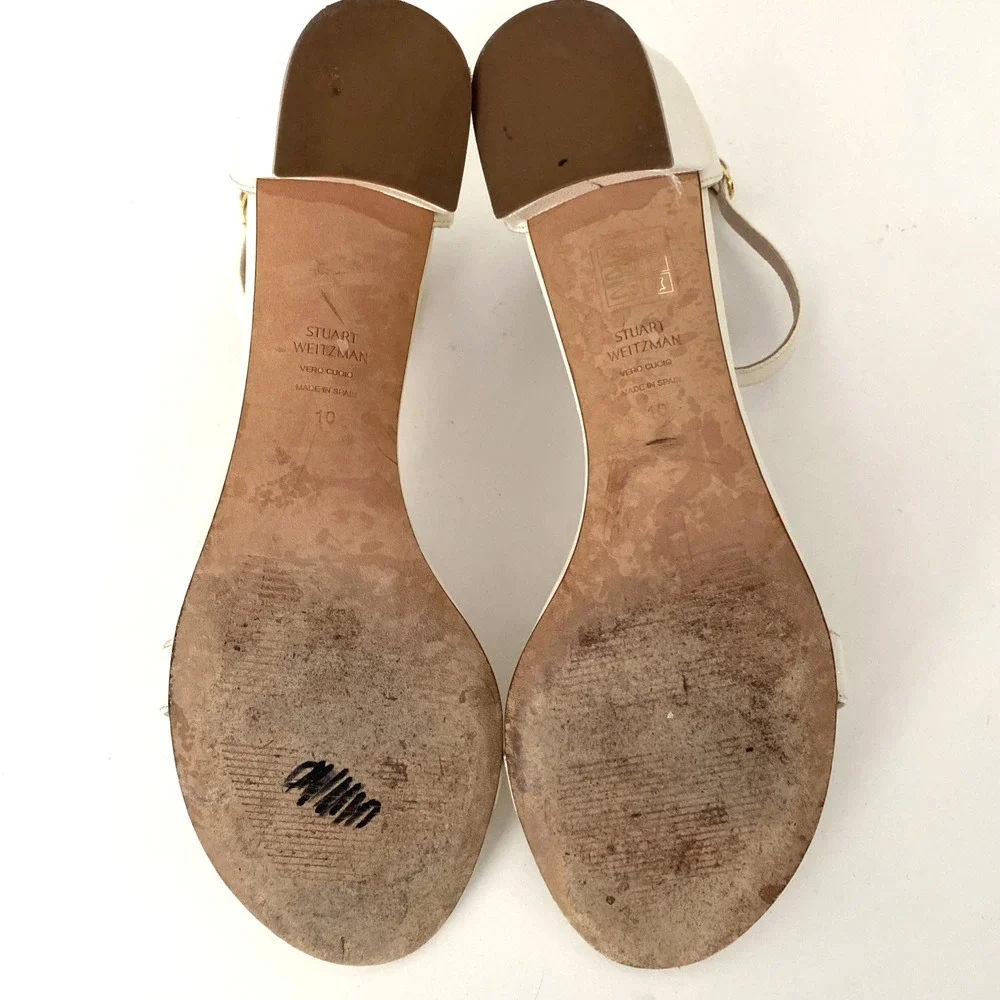 Stuart Weitzman Nearlynude Simple Sandal Open Toe Block Heel Off White Textur 10